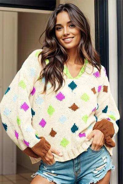 Geometric Dropped Shoulder Hooded Sweater - Trendsi - Flyclothing LLC