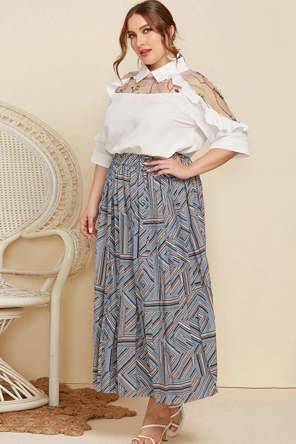 Plus Size Embroidered Ruffle Trim Collared Half Sleeve Blouse - Trendsi - Flyclothing LLC