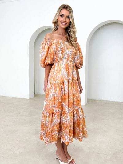 Printed Smocked Off-Shoulder Tiered Dress - Trendsi - Flyclothing LLC