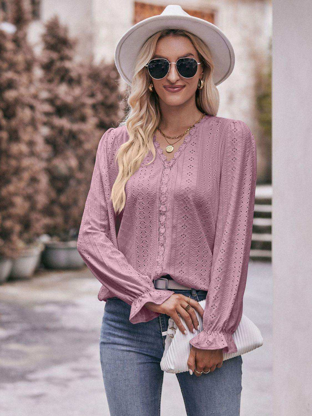 Eyelet V-Neck Flounce Sleeve Blouse - Trendsi - Flyclothing LLC