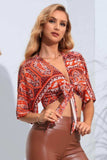 Printed Tie Front Cropped Dolman Sleeve Blouse - Trendsi - Flyclothing LLC