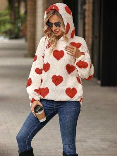 Fuzzy Heart Pocketed Dropped Shoulder Hoodie - Trendsi - Flyclothing LLC