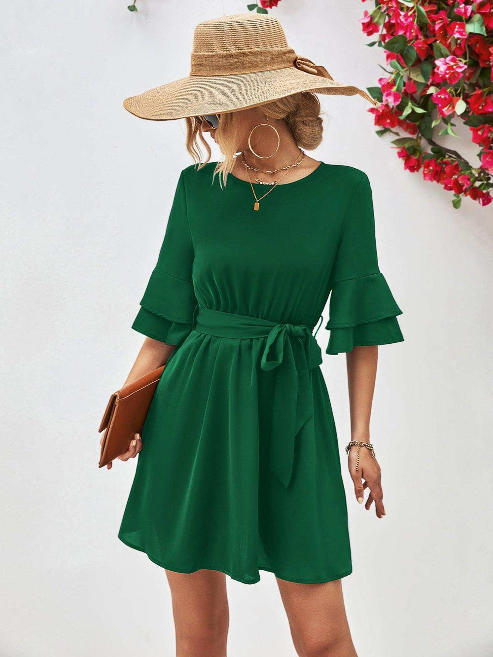 Round Neck Tie Belt Flounce Sleeve Dress - Trendsi - Flyclothing LLC
