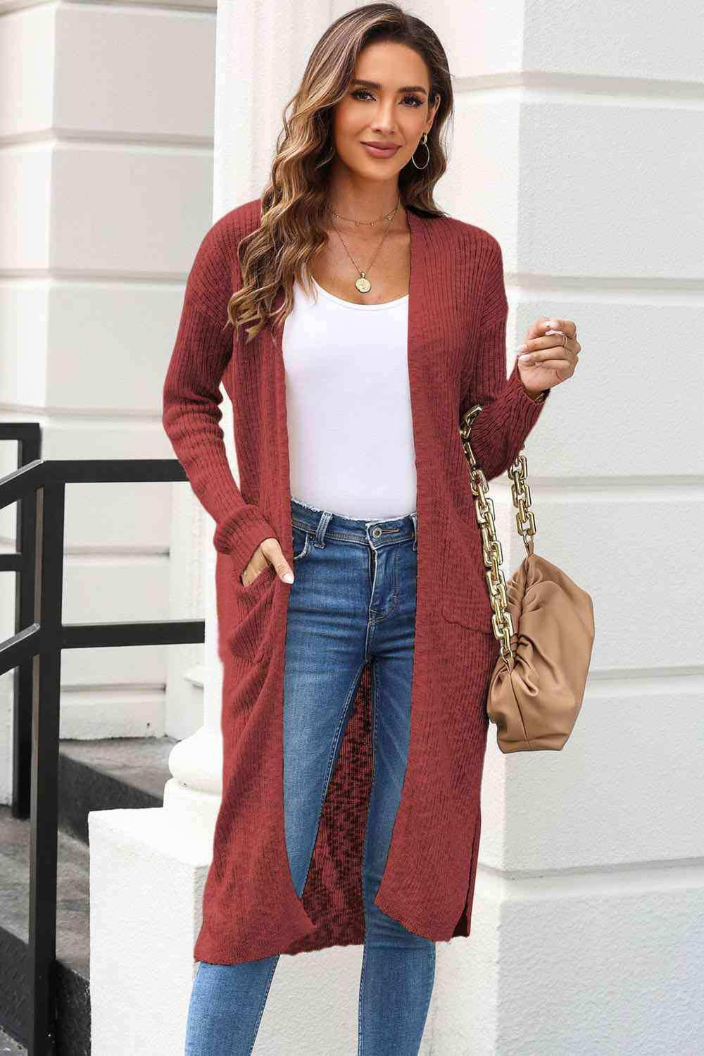 Open Front Slit Cardigan with Pockets - Trendsi - Flyclothing LLC