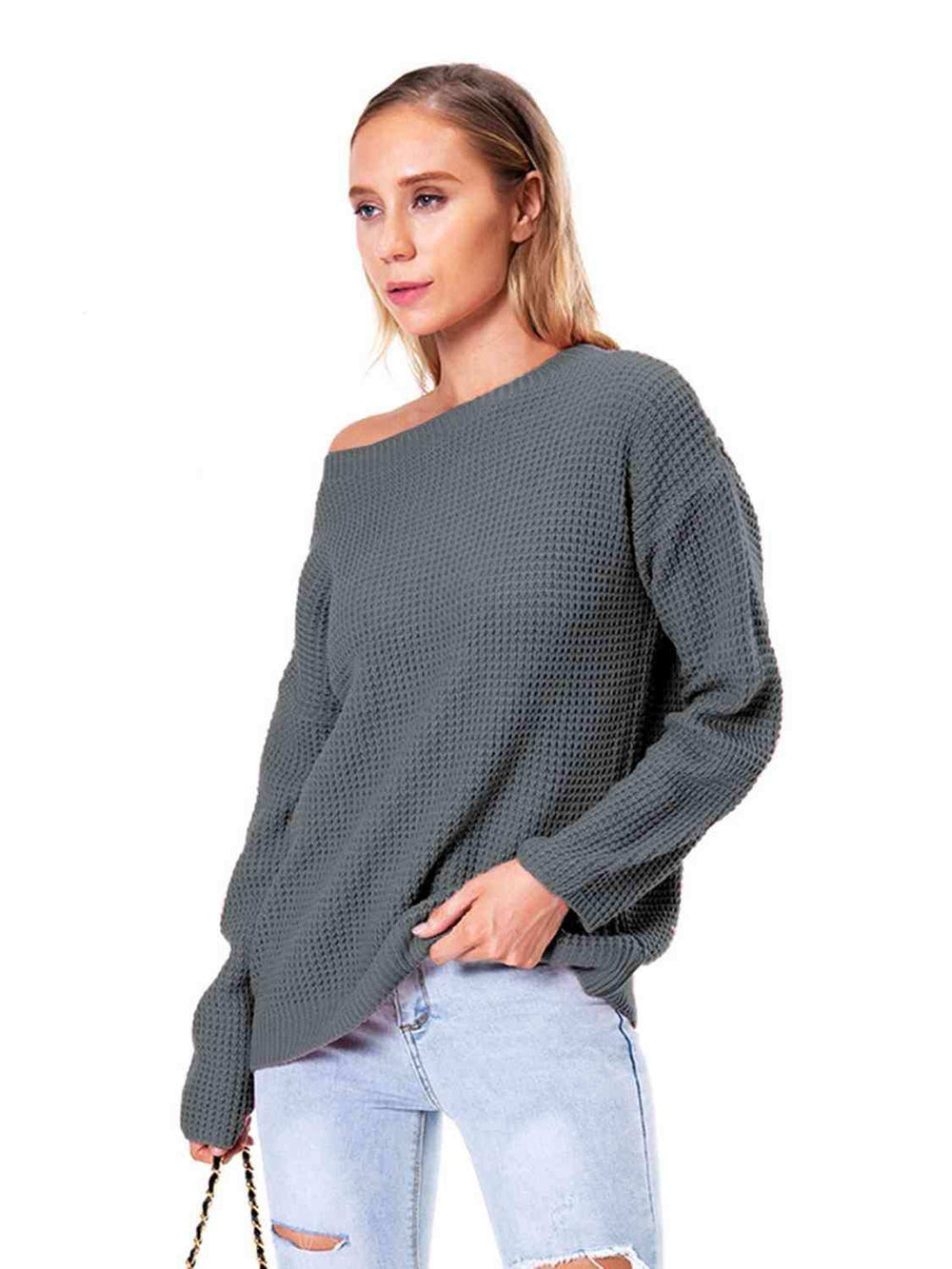 Boat Neck Drop Shoulder Long Sleeve Sweater - Trendsi - Flyclothing LLC