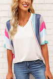 Rainbow Stripe Slit V-Neck Tee - Trendsi - Flyclothing LLC