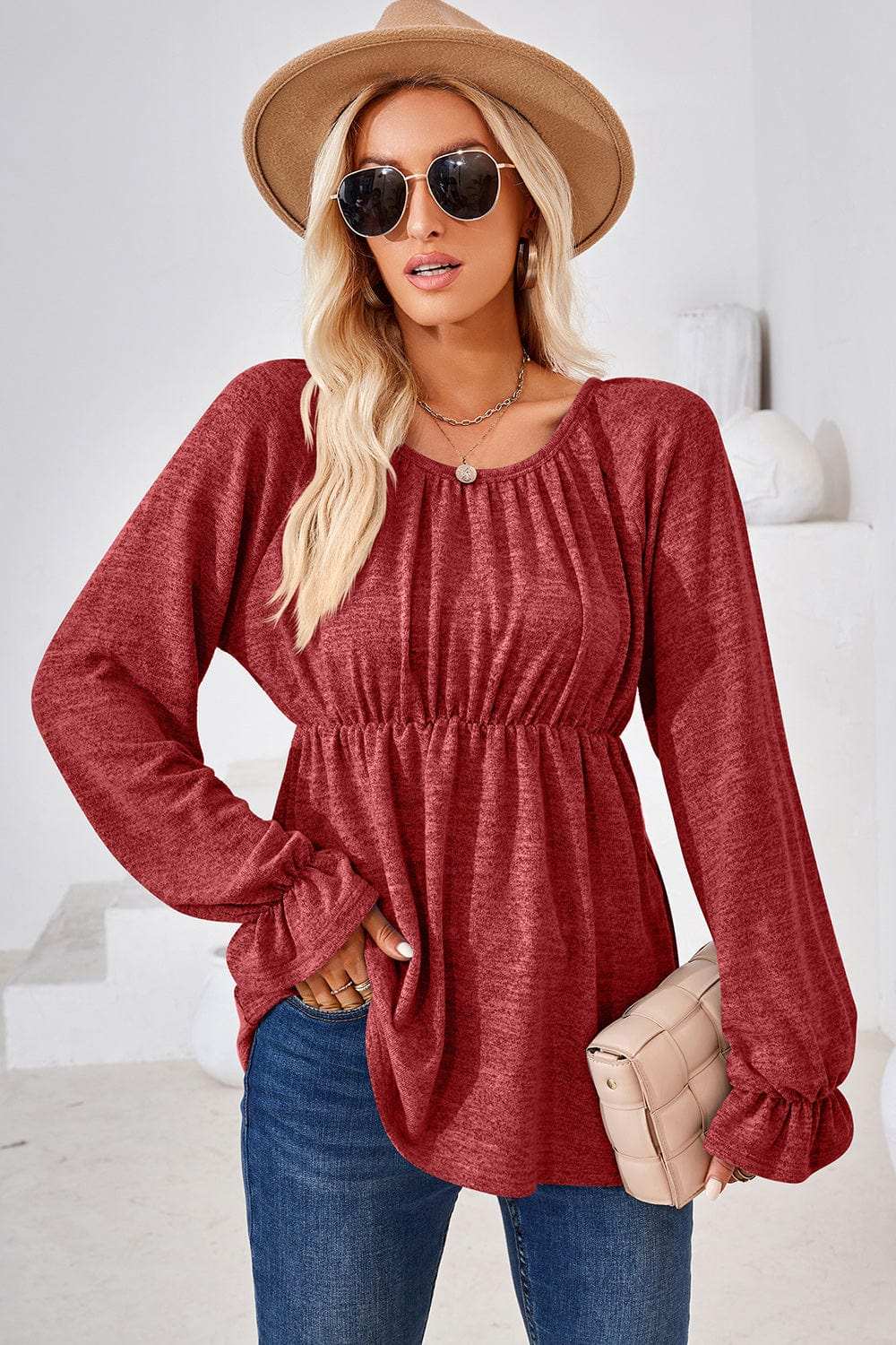 Ruched Round Neck Flounce Sleeve Blouse - Trendsi - Flyclothing LLC