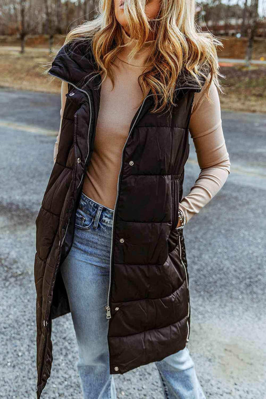 Longline Hooded Sleeveless Puffer Vest - Trendsi - Flyclothing LLC