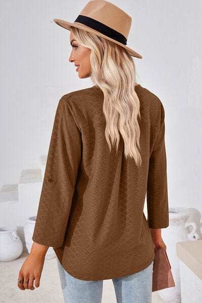 Notched Roll-Tab Sleeve T-Shirt - Trendsi - Flyclothing LLC