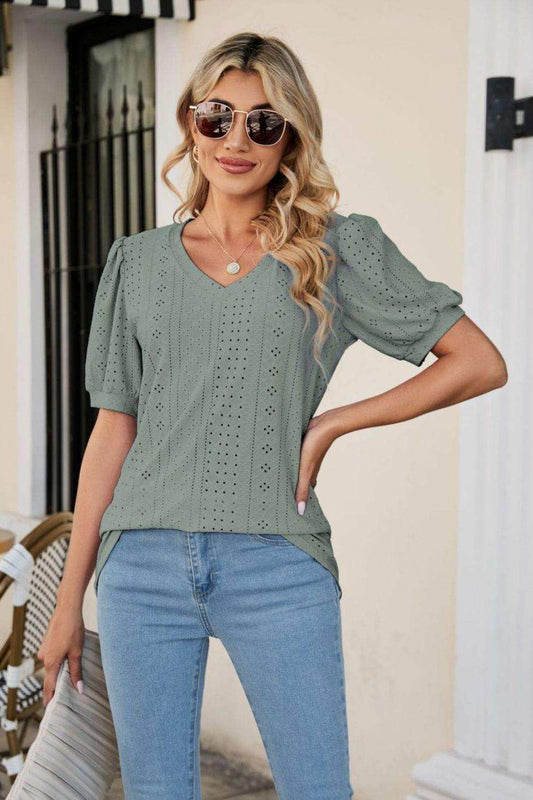 Eyelet Puff Sleeve V-Neck Top - Trendsi - Flyclothing LLC