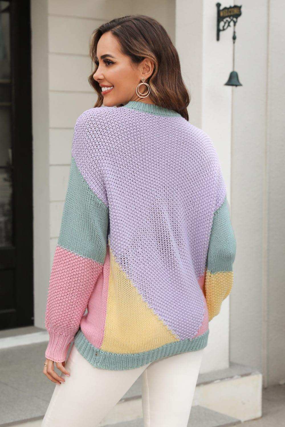 Color Block Round Neck Drop Shoulder Sweater - Trendsi - Flyclothing LLC