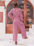 Printed Ruffled V-Neck Balloon Sleeve Jumpsuit - Trendsi - Flyclothing LLC