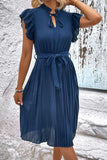 Tie Neck Belted Pleated Dress - Trendsi - Flyclothing LLC