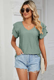 Eyelet V-Neck Short Sleeve T-Shirt - Trendsi - Flyclothing LLC