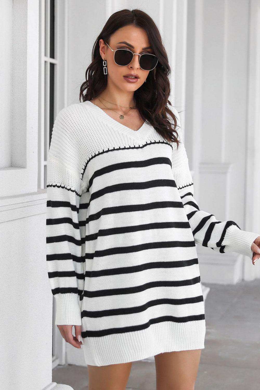Striped V-Neck Drop Shulder Sweater Dress - Trendsi - Flyclothing LLC
