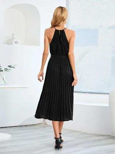 Pleated Spaghetti Strap Tie Waist Midi Dress - Trendsi - Flyclothing LLC