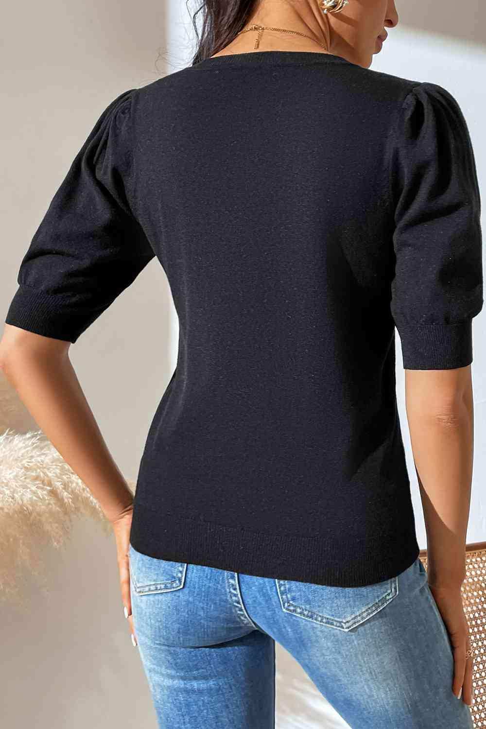 Round Neck Puff Sleeve Knit Top - Trendsi - Flyclothing LLC