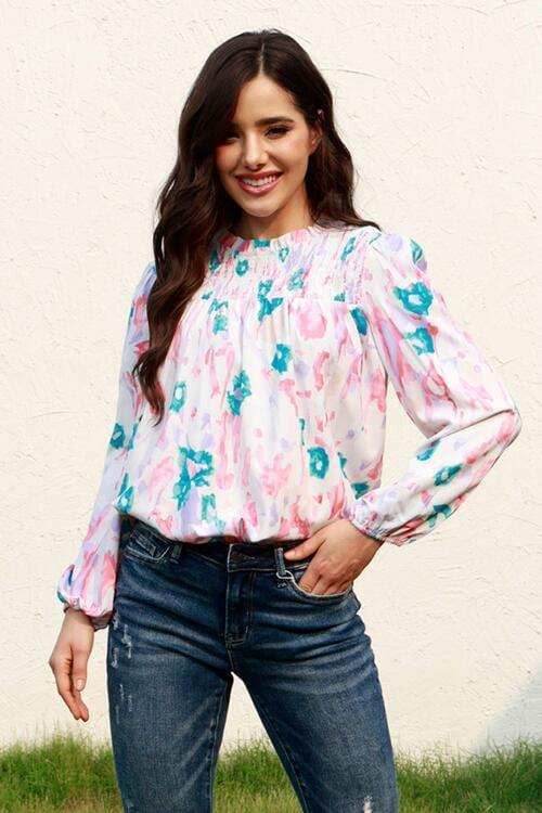 Floral Smocked Balloon Sleeve Round Neck Blouse - Trendsi - Flyclothing LLC