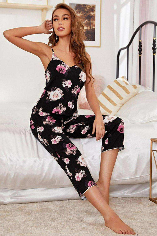 Floral V-Neck Cami and Cropped Pants Lounge Set - Trendsi - Flyclothing LLC