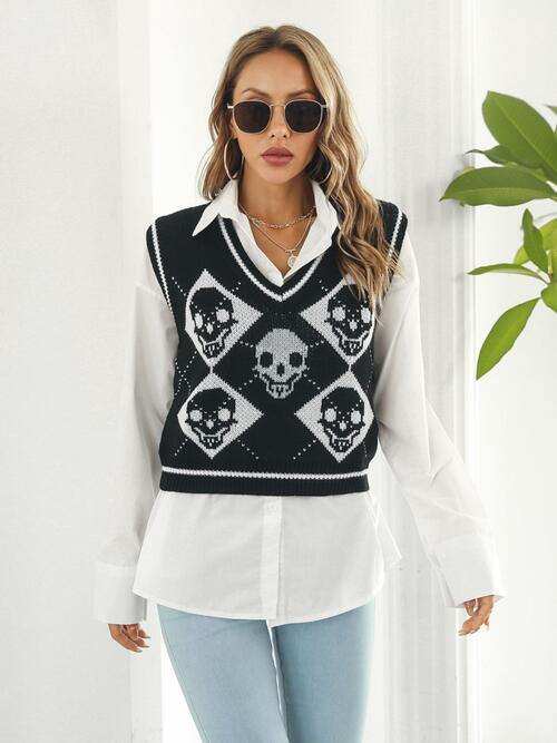Skull Contrast V-Neck Sweater Vest - Trendsi - Flyclothing LLC