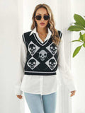 Skull Contrast V-Neck Sweater Vest - Trendsi - Flyclothing LLC
