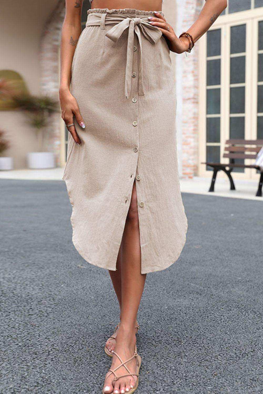 Tie Belt Frill Trim Buttoned Skirt - Trendsi - Flyclothing LLC