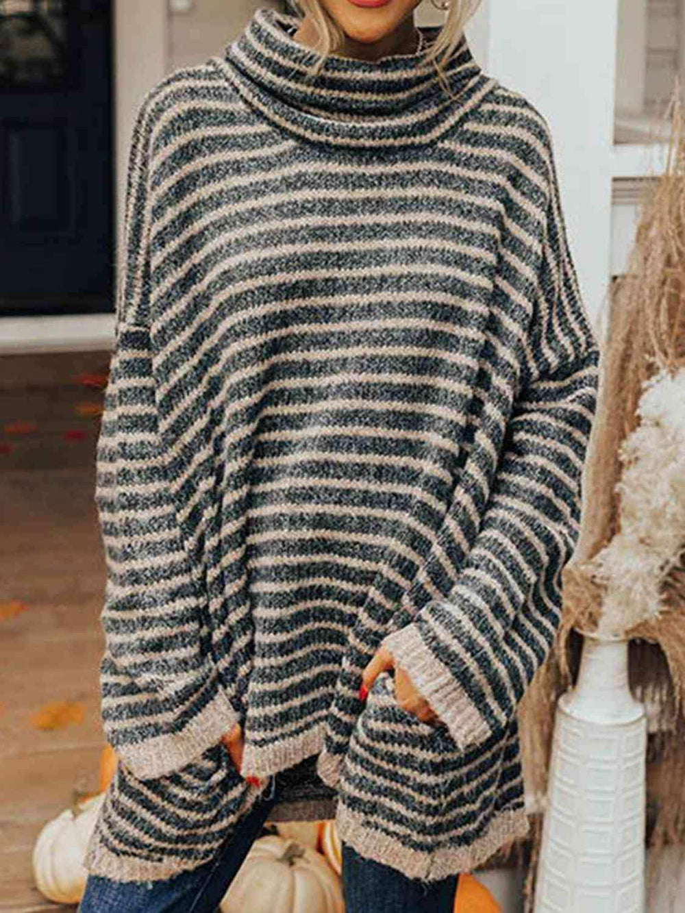Striped Turtleneck Sweater with Pockets - Trendsi - Flyclothing LLC