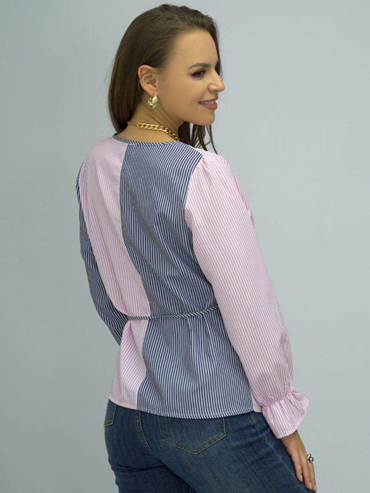 Surplice Neck Striped Long Sleeve Blouse - Trendsi - Flyclothing LLC