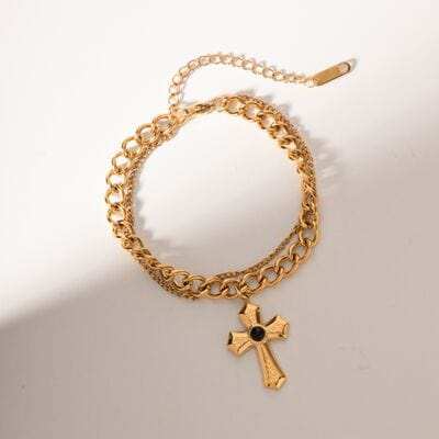 Stainless Steel Imitation Gemstone Cross Shape Pendant Bracelet - Trendsi - Flyclothing LLC