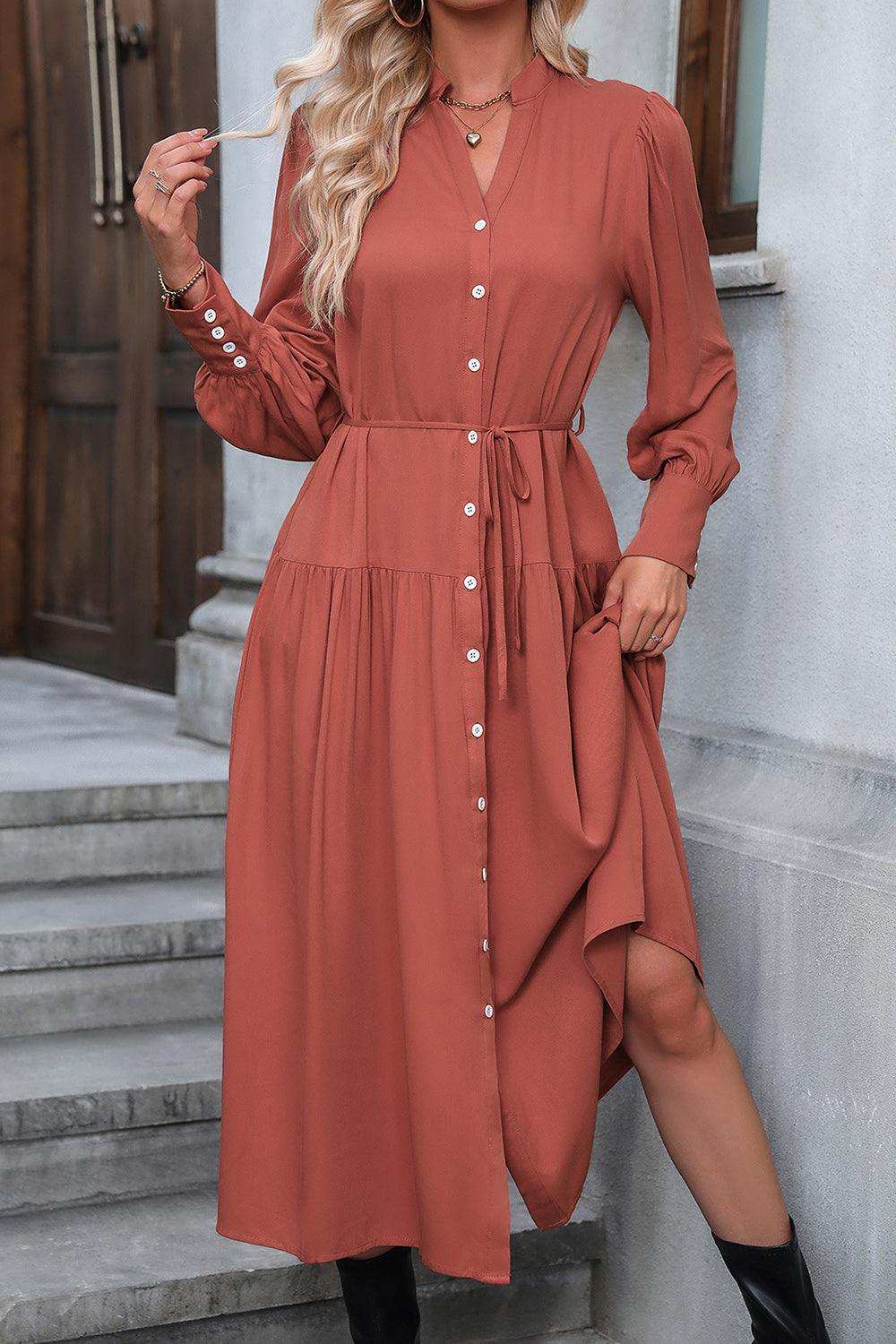 Button Down Notched Neck Dress - Trendsi - Flyclothing LLC