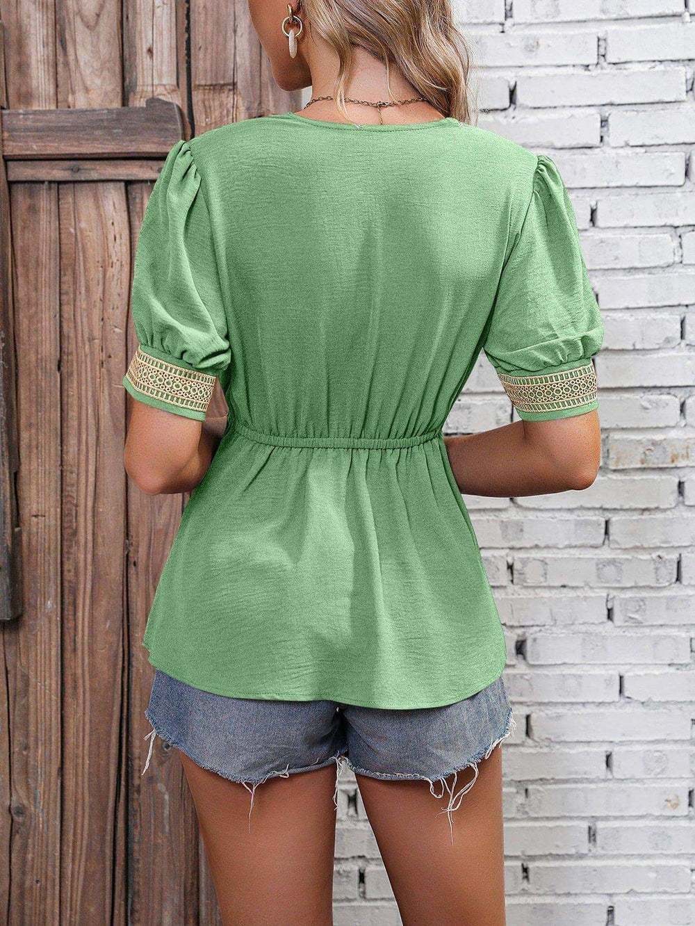 Contrast V-Neck Babydoll Top - Trendsi - Flyclothing LLC