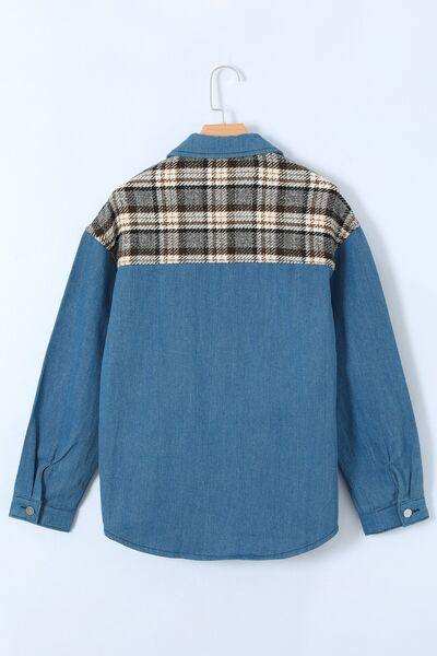 Plaid Pocketed Button Up Denim Jacket - Trendsi - Flyclothing LLC