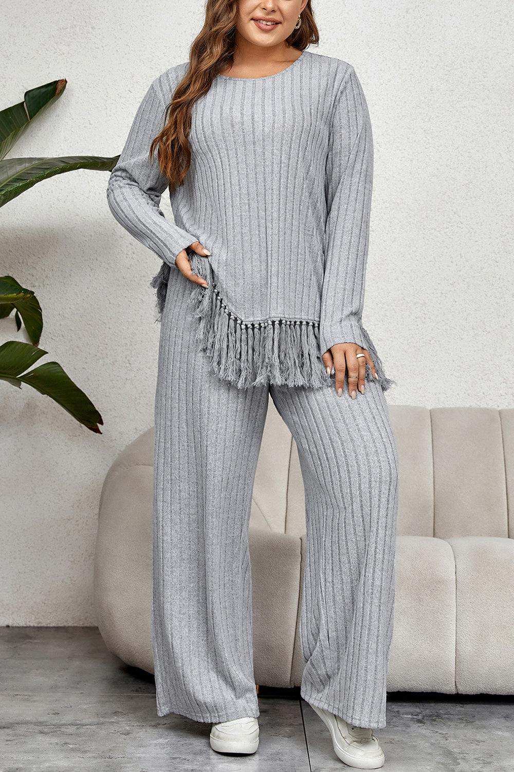 Plus Size Tassel Hem Top and Pants Set - Trendsi - Flyclothing LLC