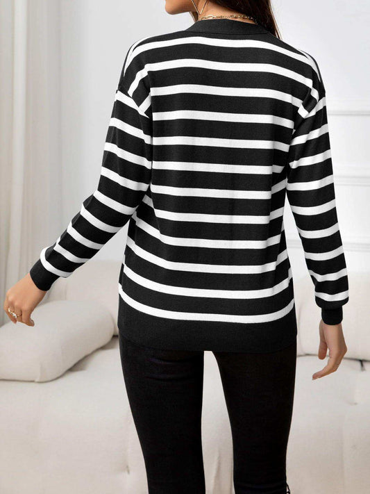 Striped Dropped Shoulder V-Neck Knit Top - Trendsi - Flyclothing LLC