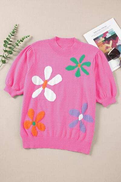 Flower Mock Neck Short Sleeve Sweater - Trendsi - Flyclothing LLC
