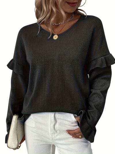 V-Neck Ruffle Trim Long Sleeve Sweater - Trendsi - Flyclothing LLC