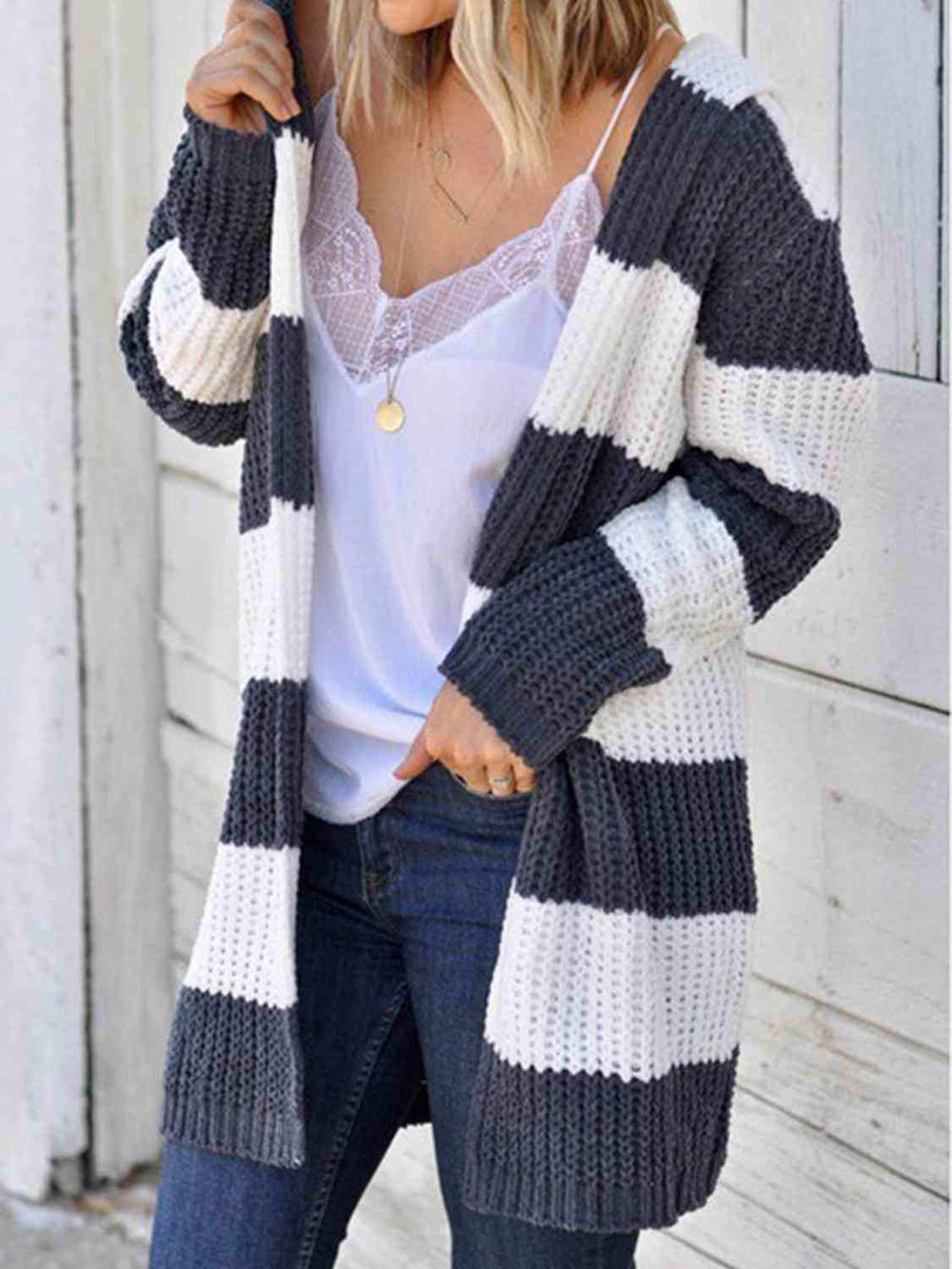 Striped Open Front Hooded Cardigan - Trendsi - Flyclothing LLC