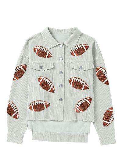 Football Sequin Button Up Dropped Shoulder Jacket - Trendsi - Flyclothing LLC