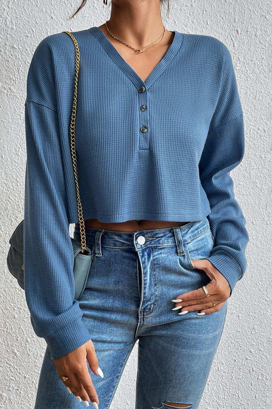 Cropped V-Neck Raglan Sleeve Buttoned Blouse - Trendsi - Flyclothing LLC