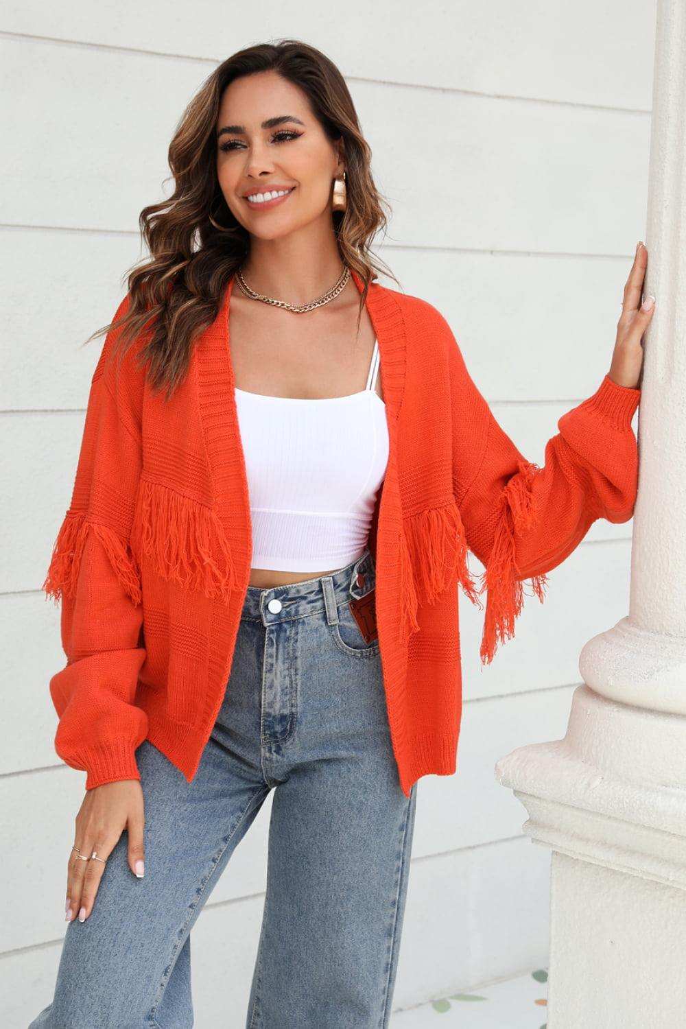 Fringe Trim Open Front Cardigan - Trendsi - Flyclothing LLC