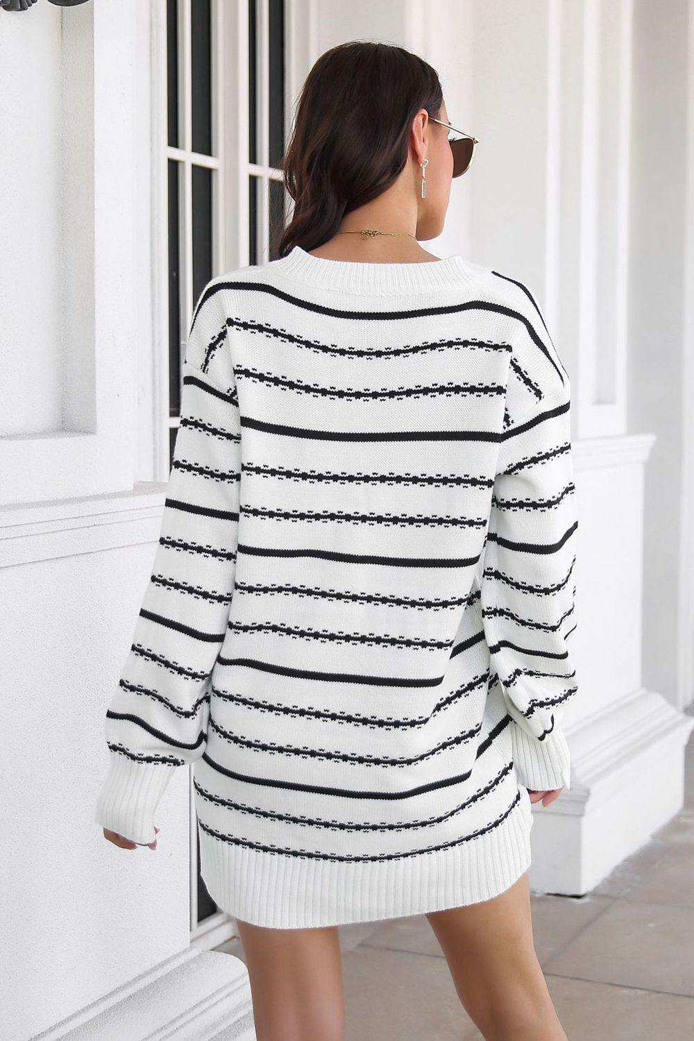 Striped V-Neck Sweater Dress - Trendsi - Flyclothing LLC