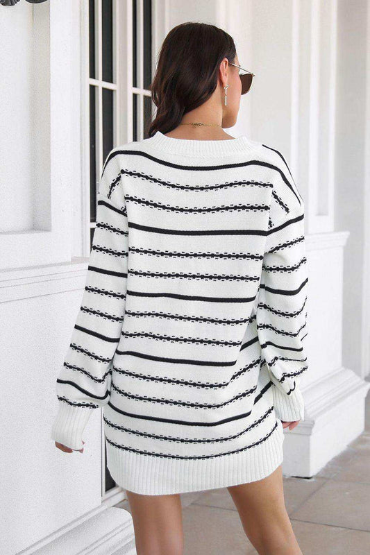 Striped V-Neck Sweater Dress - Trendsi - Flyclothing LLC