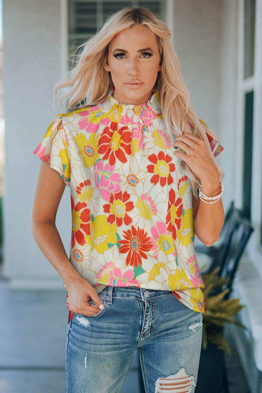Floral Frill Neck Smocked Flutter Sleeve Blouse - Trendsi - Flyclothing LLC