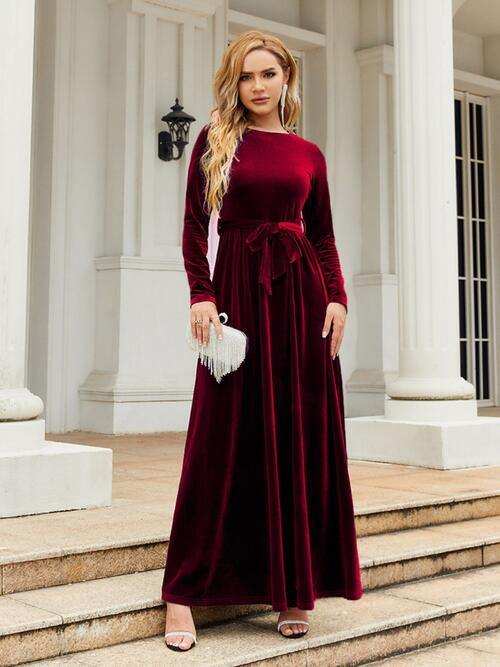 Tie Front Round Neck Long Sleeve Maxi Dress - Trendsi - Flyclothing LLC