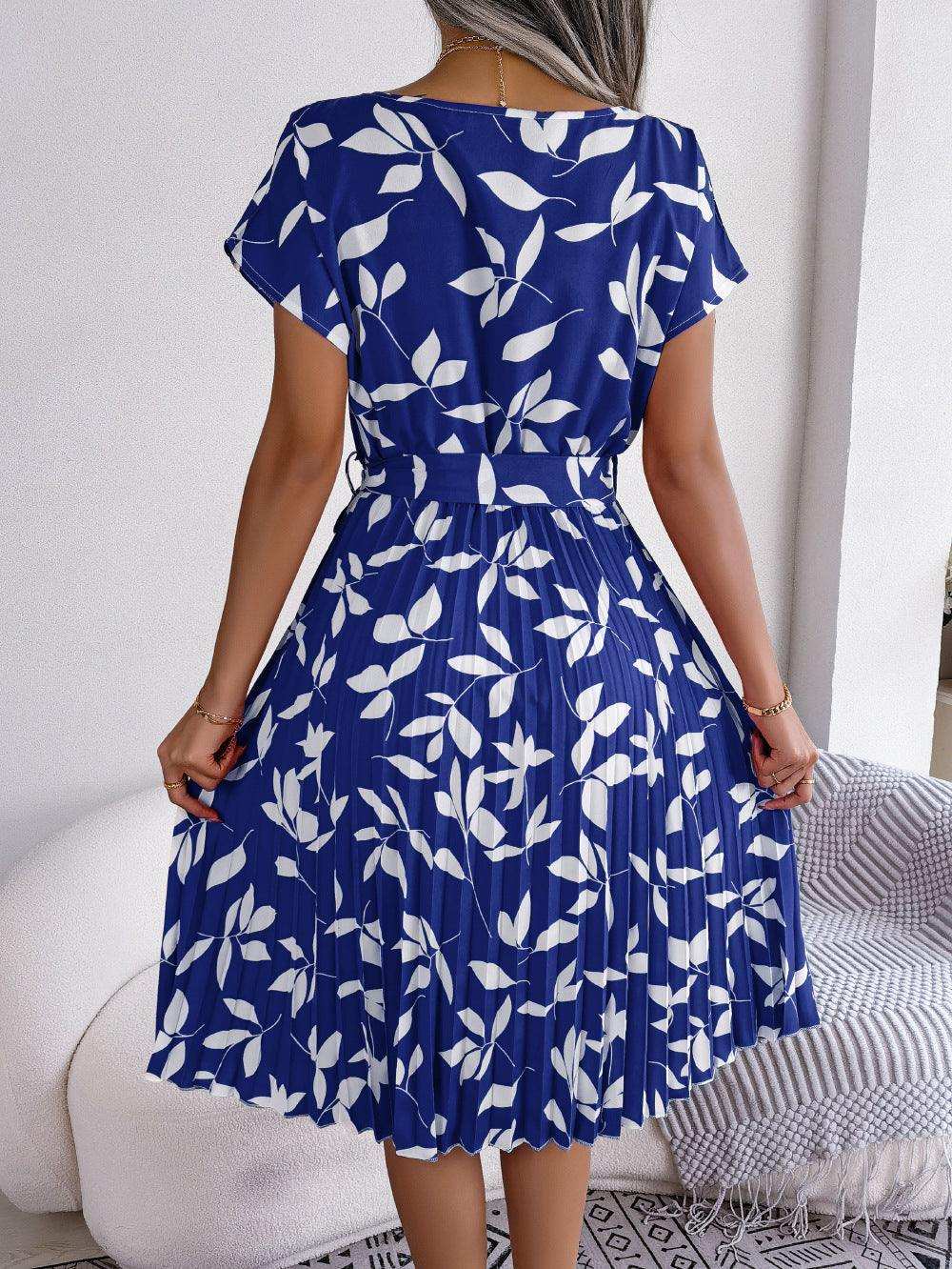 Printed Round Neck Short Sleeve Pleated Dress - Trendsi - Flyclothing LLC
