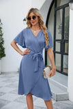 Tie Waist Flutter Sleeve Surplice Dress - Trendsi - Flyclothing LLC