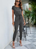 Drawstring Waist Short Sleeve Jogger Jumpsuit - Trendsi - Flyclothing LLC