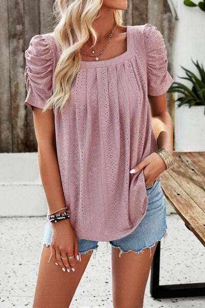 Eyelet Square Neck Puff Sleeve T-Shirt - Trendsi - Flyclothing LLC