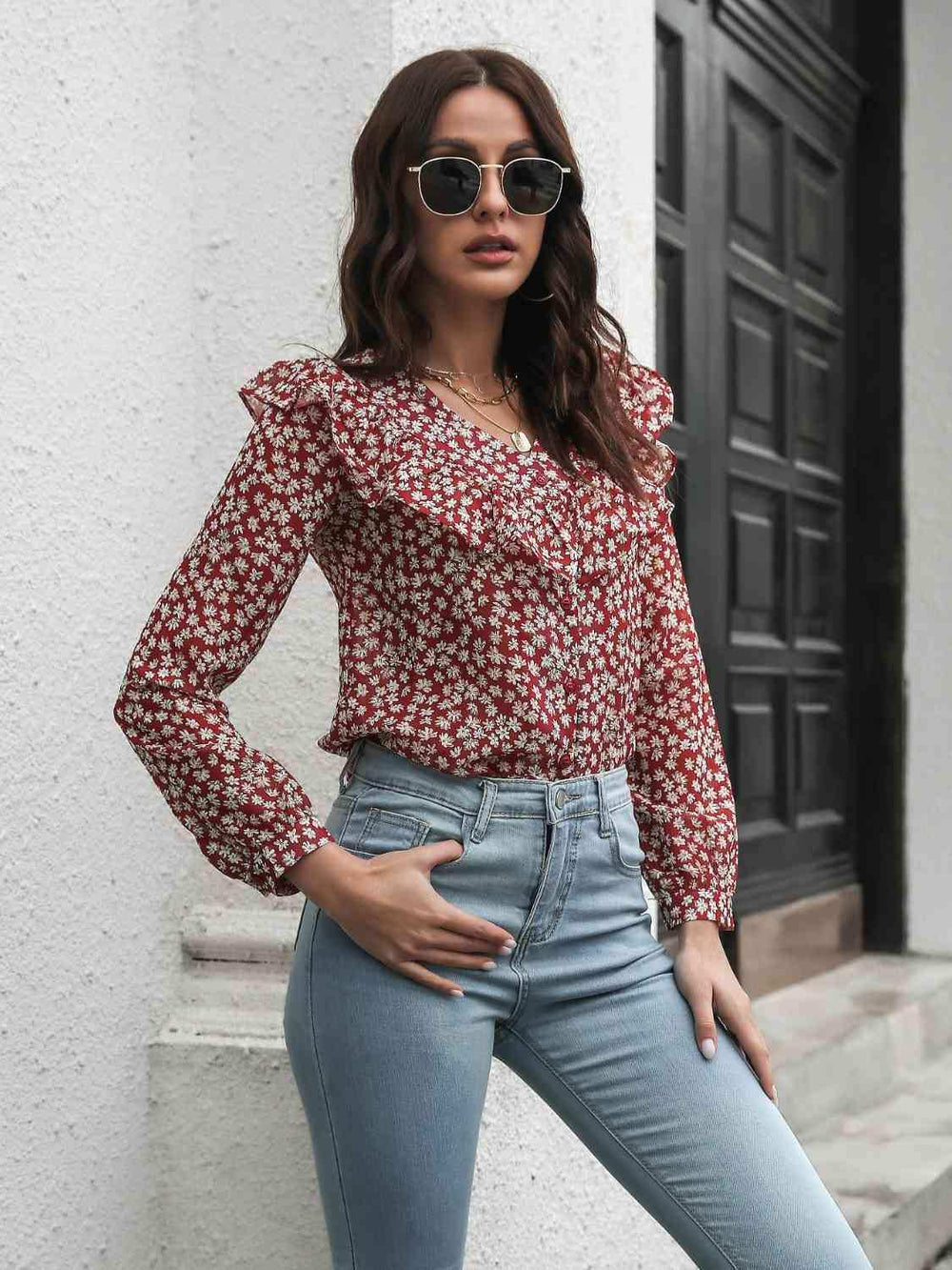 Printed Statement Collar Long Sleeve Blouse - Trendsi - Flyclothing LLC