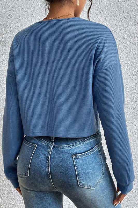 Cropped V-Neck Raglan Sleeve Buttoned Blouse - Trendsi - Flyclothing LLC